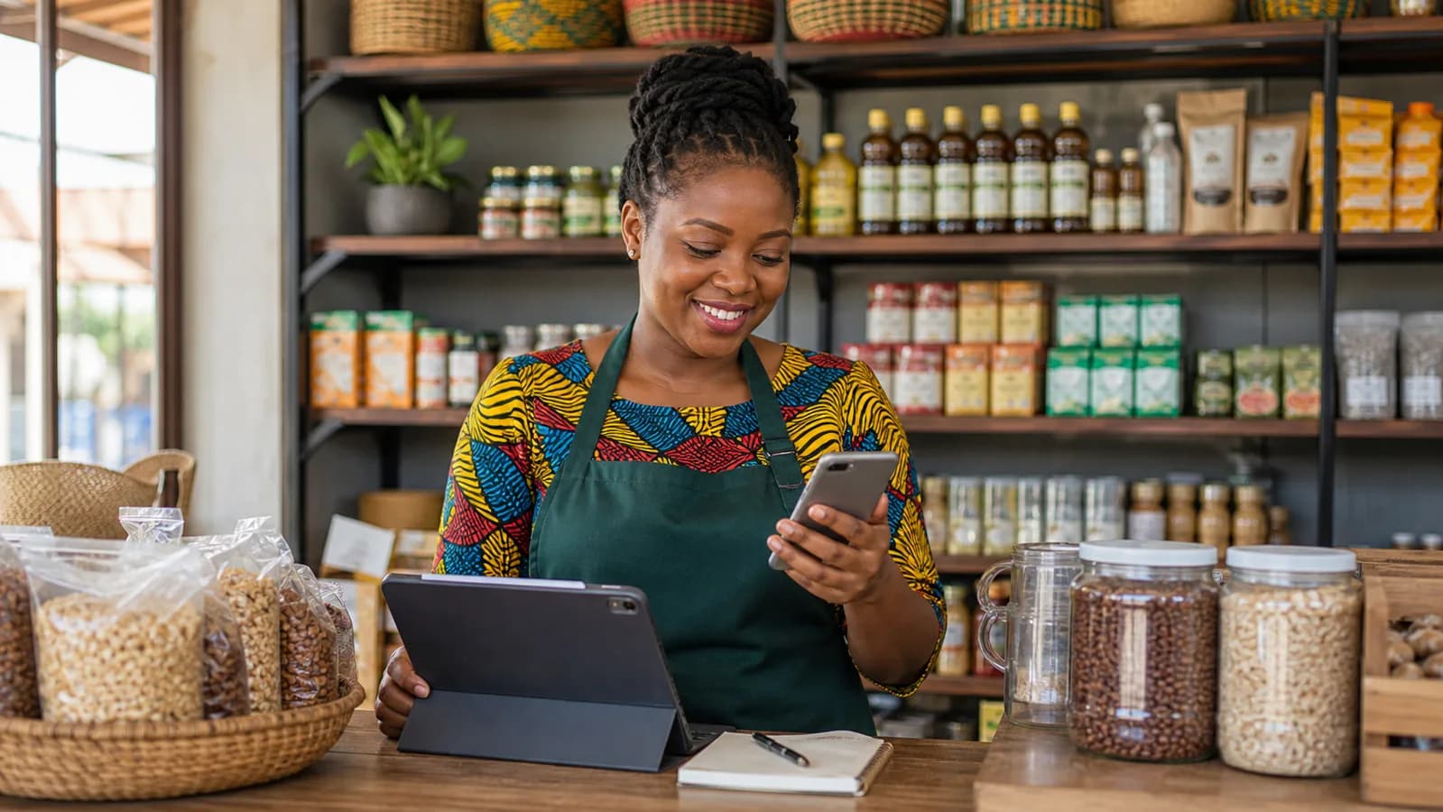African small business owner using digital finance services